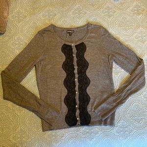 Express Gray Cardigan with Black Lace trim and rhinestone buttons